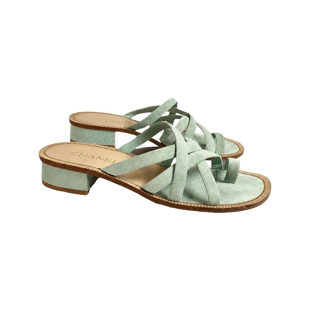 Chanel 18C Paris Greece CC Suede Slide Mule Sandals Seafoam 38.5 Rare
